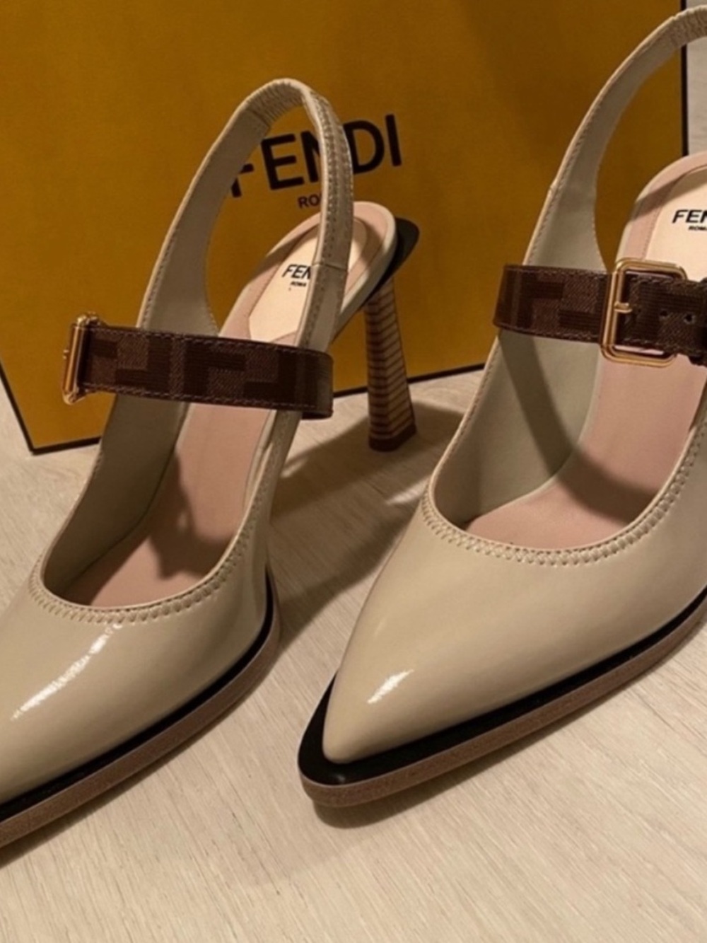 Fendi Cream Slingback Pumps with Brown Monogram Strap and Gold Buckle - Picture 3 of 6